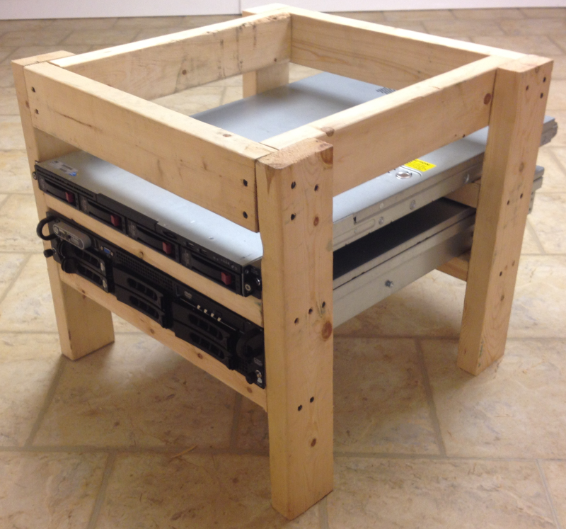Isometric view of wooden 2 x 2u server rack